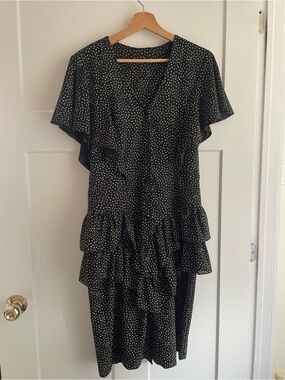 Vintage Mid-Length Black & White Polka Dot Dress with Buttons